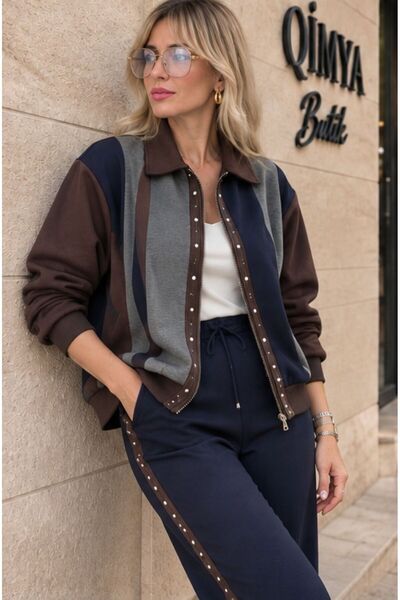 QİMYA BUTİK Keyymod Women's Suede Patchwork, Stone, Colorful Cotton Jacket and Pants Bottom Top Two Piece Set