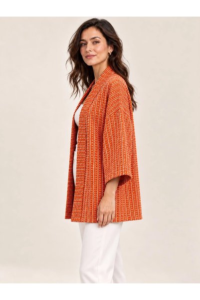 Tencelle Woman Women's Orange and White Patterned Shawl Collar Relaxed Cut Kimono Jacket