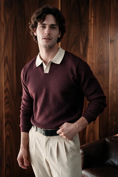 MENOFOURSWEAR Montero Erkek Old Money Çizgi Dokulu Uzun Kollu Polo Yaka Triko...