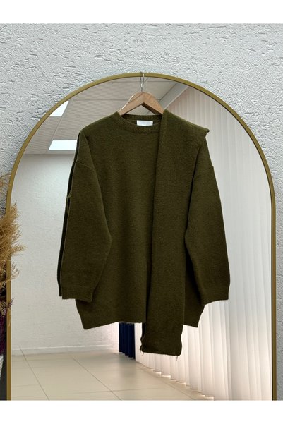 MİHRA STORE Peyker Crew Neck Scarf Sweater-Kr6023 Khaki