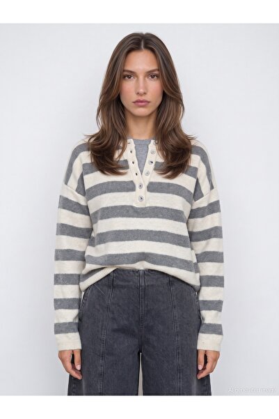 Dilvin 10903 Wool Blend Striped Basic Sweater