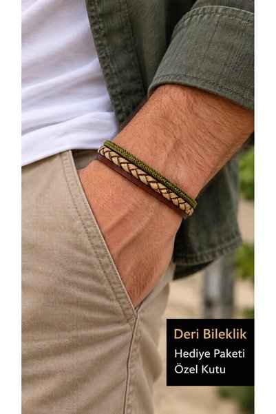HER ŞEY NOTA www.herseynota.com Kelvion Ostra Yeşil Taba Deri Erkek Bileklik - Örgü Zincir Katmanlı