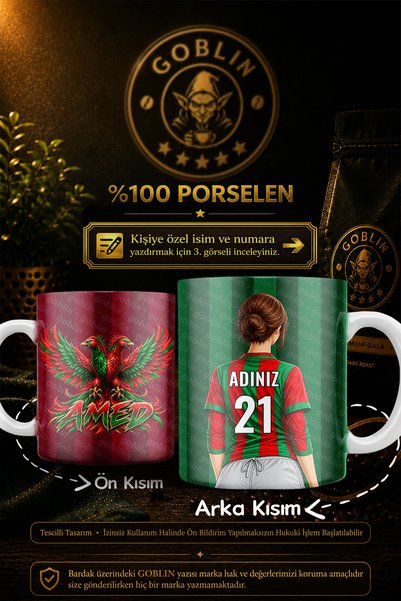 Goblin Kişiye Özel İsimli Kırmızı Yeşil Taraftar Baskılı Tek Kadın Porselen K...