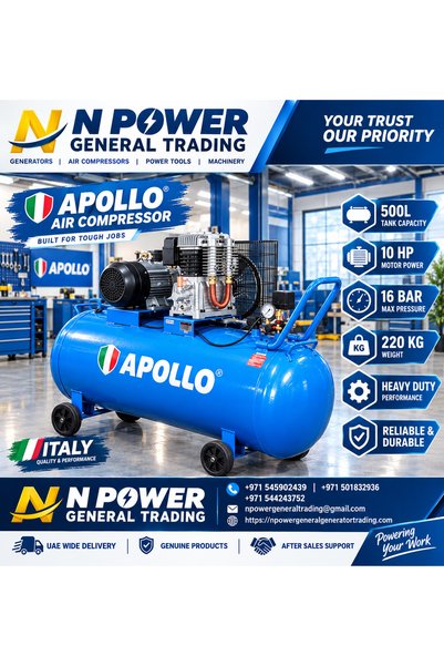 Apollo 500L Air Compressor 3phase 10HP Motor With 100% COPPER Italy type Pump
