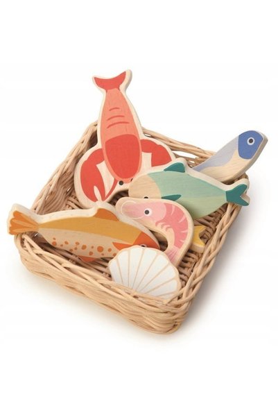 Tender Leaf Toys Coș de răchită cu pește și fructe de mare