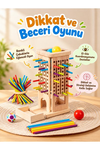 ayyagift Montessori Ahşap Çubuk Çekme ve Top Düşürme Oyunu – Renkli Denge Kul...