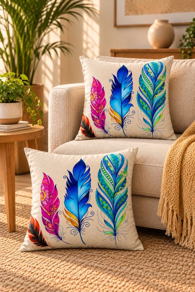 Bumedo Set of 2 Colorful Feather Throw Pillow Covers 43X43 cm Bohemian Nordic Digital Printing Decorative Pillowcase Set