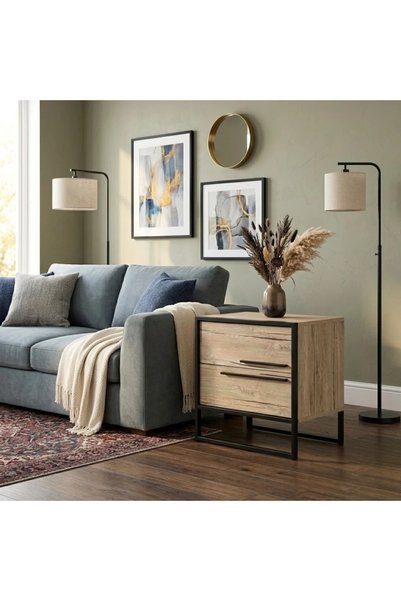 Generic Side Table with 2 Drawers Wood and Metal Beige 30X40X50 cm