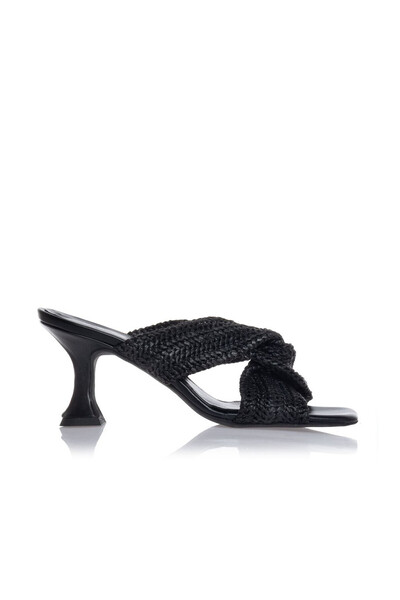 Sante SKU-25-266-01 Μαύρο Ψάθινο Mule Πέδιλο με Δερμάτινο Πατάκι - 38