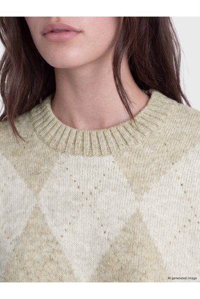 LC Waikiki Nevavm Lcw Modest Ecru Knitwear Diamond Patterned Oval Collar Wome...