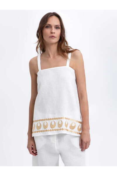 Greek Archaic Kori Top Selene Straps Linen Λευκό Χρυσό - M