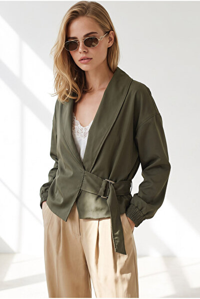 Olalook Women's Khaki Belted Detailed Lined Crop Trench Coat Trc-00000015