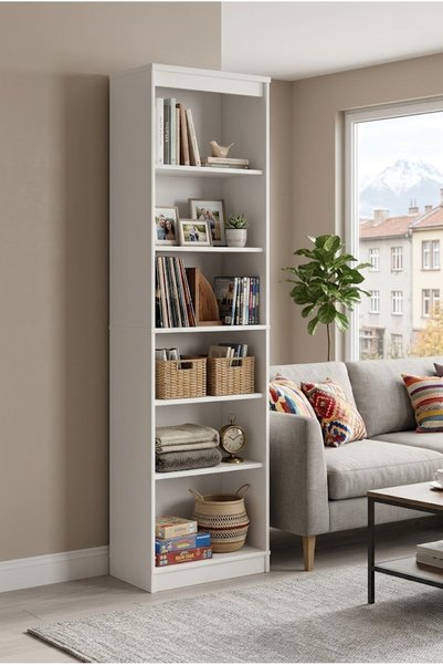 arhomev Çok Amaçlı 5 Raflı Kitaplık Ve Erzak Dolabı - Beyaz Ahşap Bölmeli Düz...