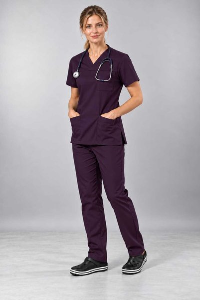 EMİR MEDİKAL (E-Flex) Women's Iron-Free Lycra Nurse and Doctor Uniform Set with Plum Lycra Sleeves Scrubs Hospital Uniform