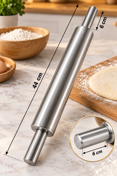 QesQin Paslanmaz Çelik Merdane 45 cm Hamur Açma Oklavası Metal Merdane Börek Pizza Kurabiye İçin