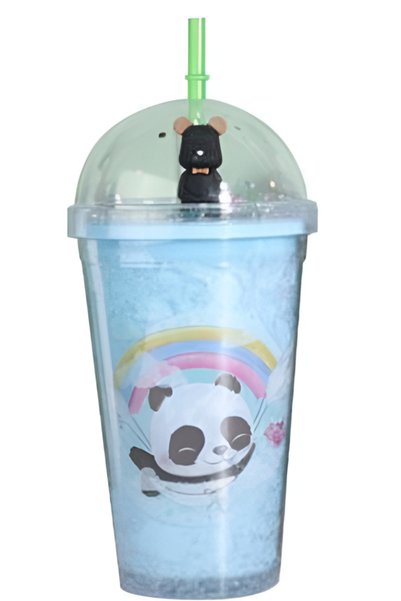 OEM Ποτήρι πλαστικό με καπάκι και καλαμάκι Panda 450ml SDS-24791