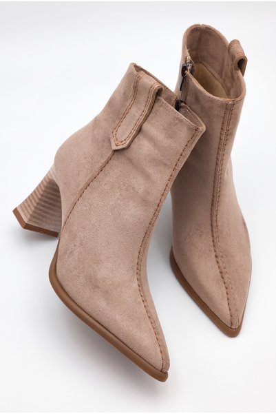 Shoesers Women's Thick Heeled Pointed Toe Embroidery Detailed Mink Suede Design Boots
