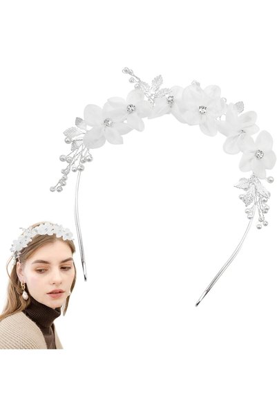 Generic عصابة رأس من التول مزينة بالزهور واللؤلؤ - إكسسوار شعر أنيق على شكل إ...
