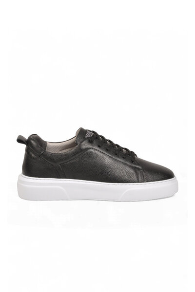 AYAKMOD Men's Lace-Up Thick Comfortable Sole Black-White Genuine Leather Casual Sneaker Shoes 272303