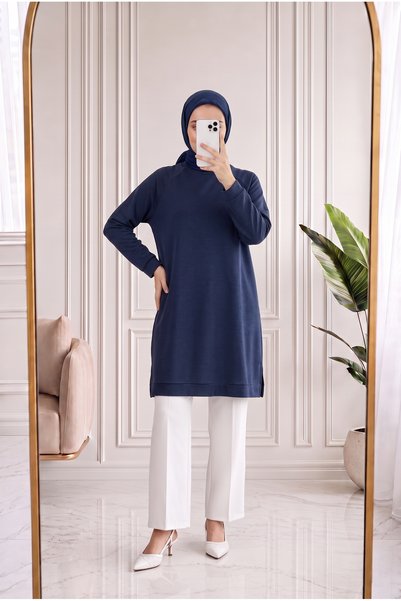 MİHRA STORE Mahzade Long Pique Tunic with Side Slits - Ek1148 Navy Blue