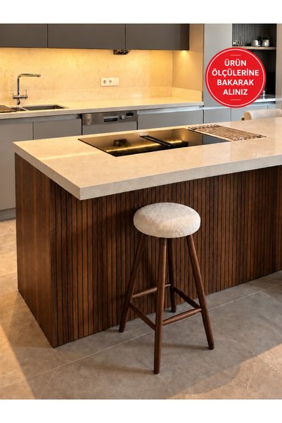 silla Bar Tabure Teddy Krem Kumaş Koyu Ceviz Ahşap Ada Taburesi