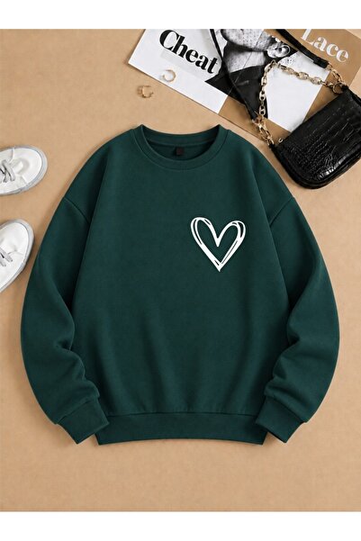 x-compass life Women's Minimal Heart Printed Crew Neck Winter Sweatshirt Oversize Relaxed Fit Casual Sweatshirt