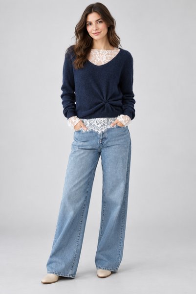 Lupies Women's Wool Knit Sweater with Drawstring Detail
