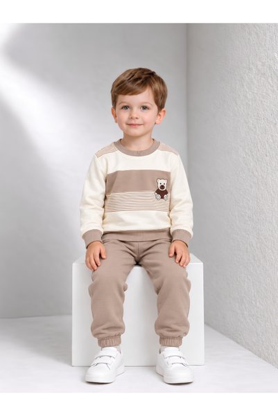 MİLANO KİDS Boy's Teddy Bear Printed Striped 100% Cotton Seasonal Sweatshirt ...