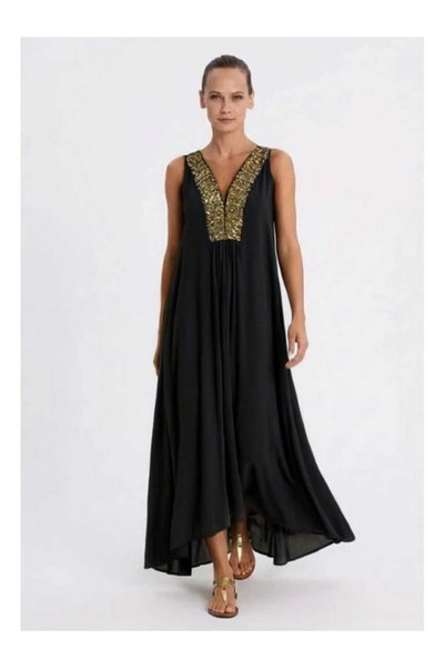 Greek Archaic Kori Maxi Φόρεμα New Triangle Sleeveless Cotton Μαύρο Χρυσό - L