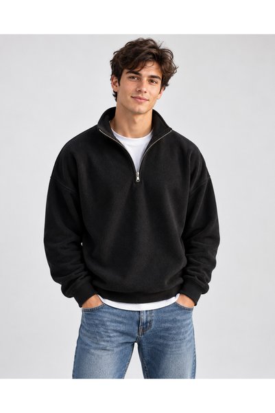 FAVORİST Men's Polar Fleece Stand Collar Half Zipper Comfortable Fit Oversize