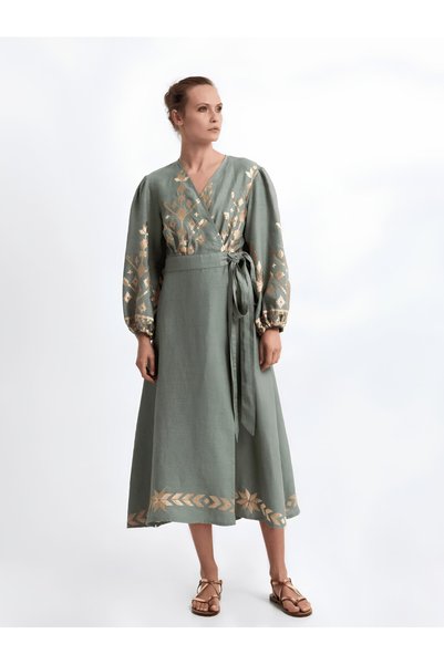 Greek Archaic Kori Maxi Φόρεμα Ios Wrap L/S Linen Sage Χρυσό - M