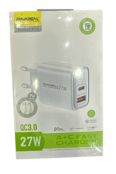 OEM Φορτιστής με θύρα USB-A και Type-C 27W με καλώδιο Lightning Pavareal K59