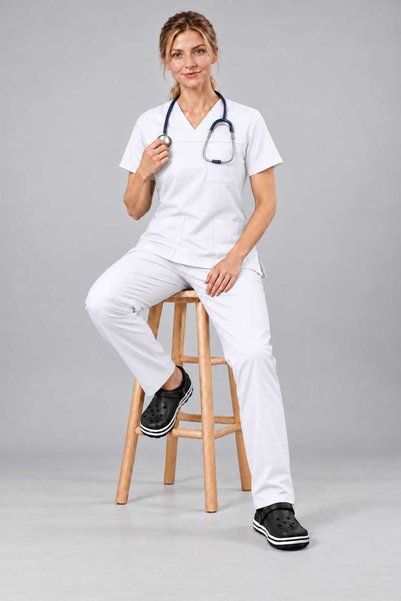 EMİR MEDİKAL (E-Flex) White Lycra Women's Iron-Free Fake Sleeve Nurse and Doctor Uniform Set Scrubs Hospital Uniform