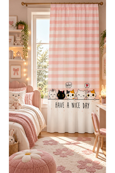 ALAMODECOR Pembe Çizgili Tek Kanat Çocuk Odası Fon Perde