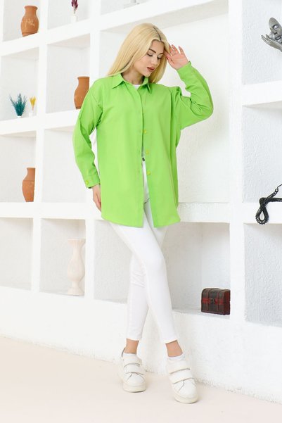 VOLNİX Women's Solid Color Linen Relaxed Fit Oversized Long Basic Green Shirt