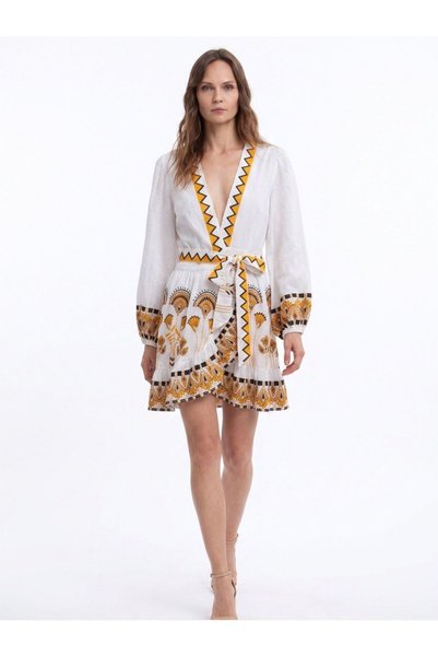 Greek Archaic Kori Mini Φόρεμα Papyrus Wrap L/S Ramie Λευκό Yellow - S