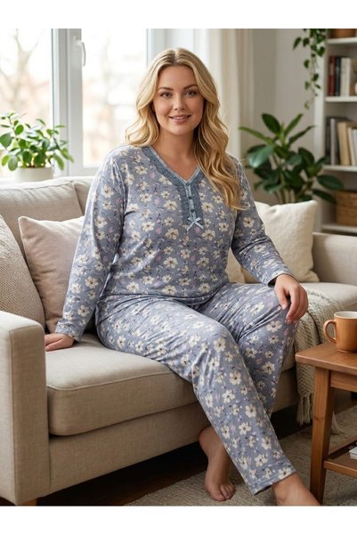 Asel Büyük Beden Yumuşak Tuşeli Uzun Kol Likralı Pijama Takımı