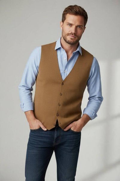 Sarar İnterview Düğmeli İnce Çelik Örgü Yünlü Regular Fit Camel Triko Yelek