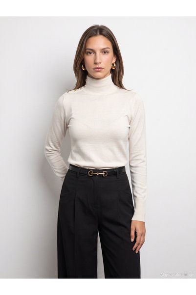 Dilvin 10877 Basic Stand Collar Buttoned Sweater