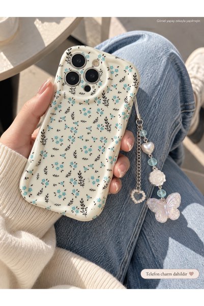 MİRAZ TASARIM iPhone 14 Pro Max Telephone Charmli Blue Flower Pattern Ecru Case