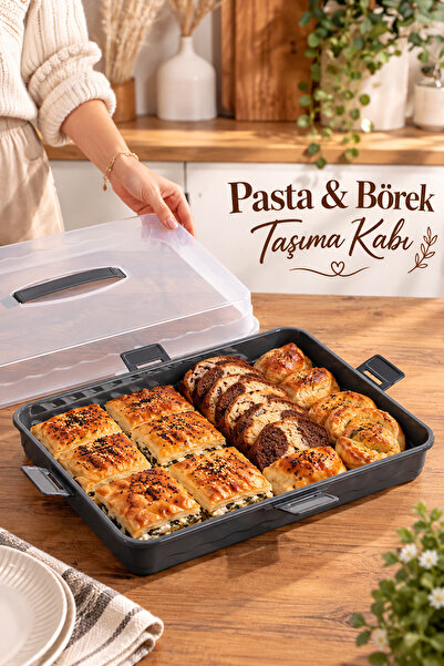 Porsima 0587 Kulplu Kilitli Pasta Ve Börek Taşıma Kabı - Dikdörtgen Kek, Poğaça, Kurabiye Saklama Ve Servis Kutusu (Antrasit / Şeffaf)