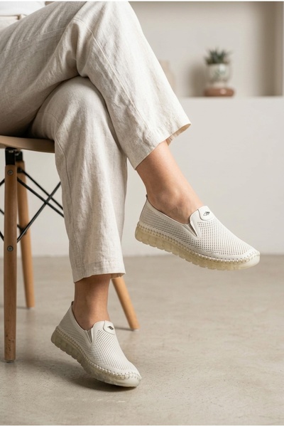 MERVESTORE Women's Leather Laser Cut Perforated Thick Sole Slip-On Casual Shoes