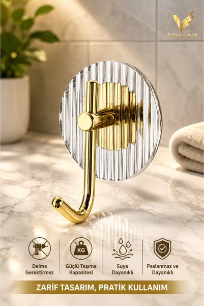 VİSLUNA ( 3 Adet ) Gold Renkli Şık Tasarım Yapışkanlı Şeffaf Askılık Banyo Ve Mutfak Askılığı Vida Gerektirmez