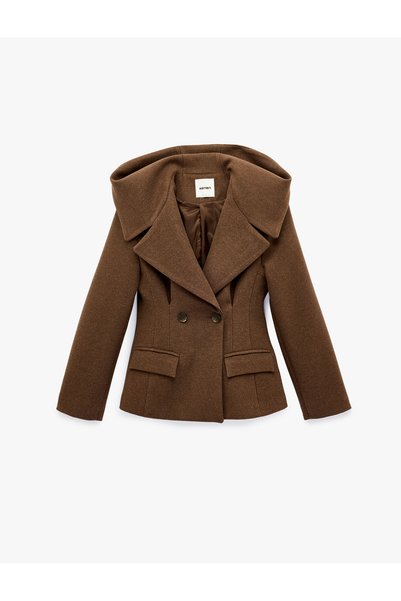 Koton Hooded Long Sleeve Buttoned Pocketed Cashmere Double-Breasted Coat