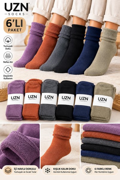 UZN SOCKS 6’lı Kadın Havlu Çorap Dikişsiz Kadın Kışlık Çorap Seti Renkli Çorap
