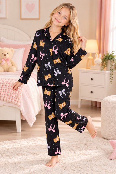 zahider Girl's Cotton Long-Sleeved Button-Down Pajama Set