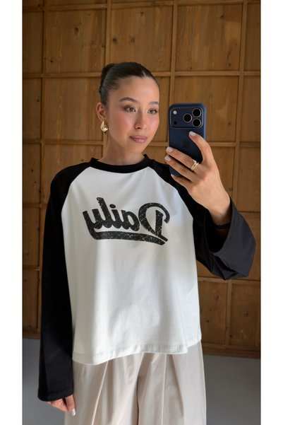 YOUR NAME Bisiklet Yaka Baskılı Uzun Kol Reglan Ekru Kadın T-Shirt