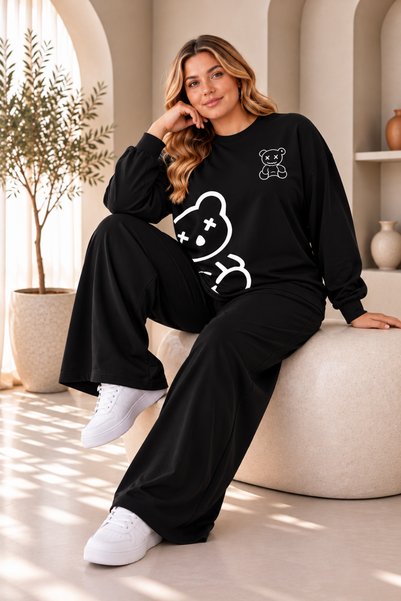 Rubonia Women's Plus Size Teddy Bear Printed 2-Piece Set – Oversized Crew Neck Sweatshirt and Wide-Leg Pants Comfortable Casual Combination