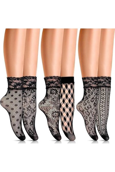 GENERAL 3 Pairs Lace Fishnet Socks, Black Mesh Sheer Sock, Ultrathin Transpar...