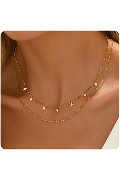 Generic Dainty Layered Necklaces for Women, 18K Gold Plated Tiny Rectangle an...